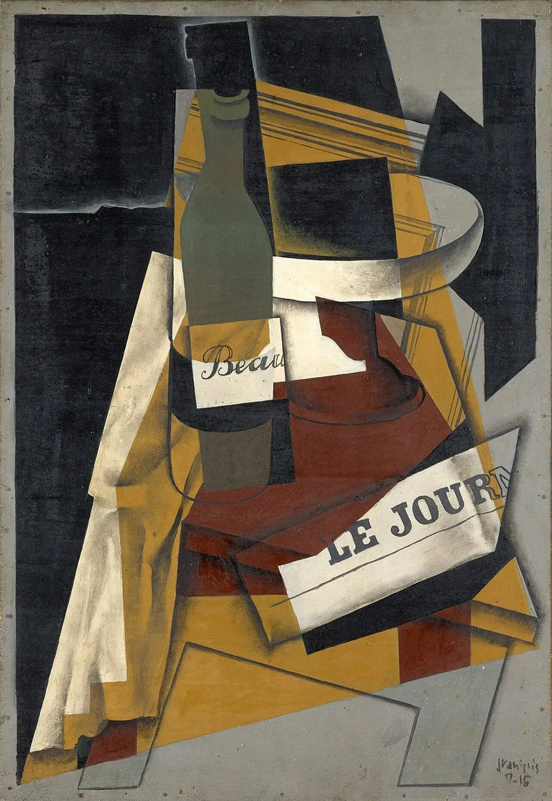 Flasche und Obstschale (Flasche, Zeitung und Obstschale) - Juan Gris