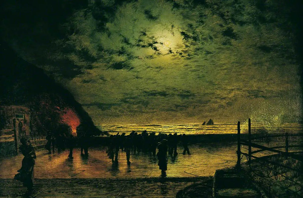 « Burning Off », un bateau de pêche à Scarborough - John Atkinson Grimshaw image 1 copie peinte à la main à l’huile