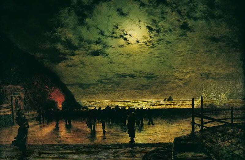 „ Burning Off “, ein Fischerboot in Scarborough - John Atkinson Grimshaw