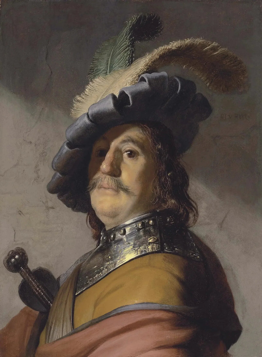 Büste eines Mannes mit einem Gorgerin und einem Federbarett - Rembrandt