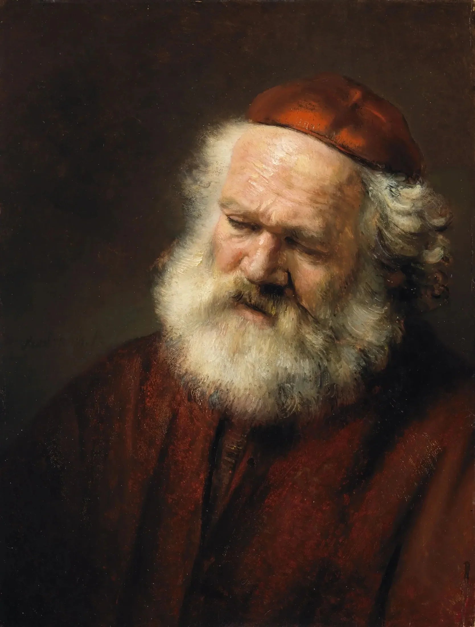 Buste d'un vieil homme barbu avec bonnet rouge - Rembrandt image 1 reproduction de peinture à l’huile