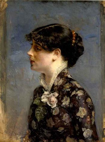 Büste einer jungen brünetten Frau in Profil, links, im Blumenmuster-Bluse - Giovanni Boldini