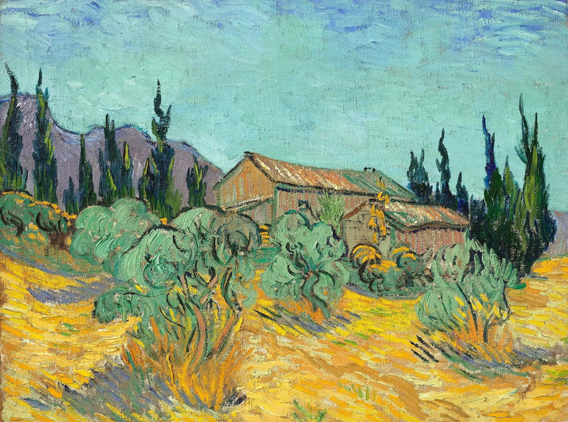 Holzhütten zwischen Olivenbäumen und Zypressen - Vincent van Gogh