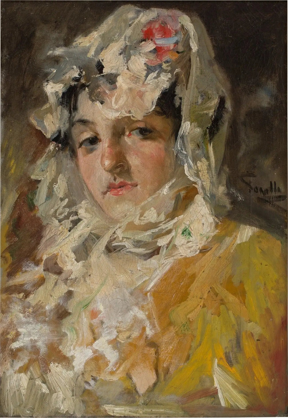 Cabeza de mujer con mantilla blanca - Joaquín Sorolla image 1 reproduction d’œuvre d’art à l’huile