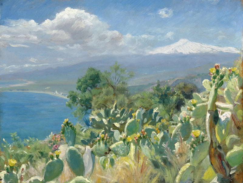 Blühende Kakteen bei Taormina. Im Hintergrund der schneebedeckte Ätna. - Peder Severin Krøyer