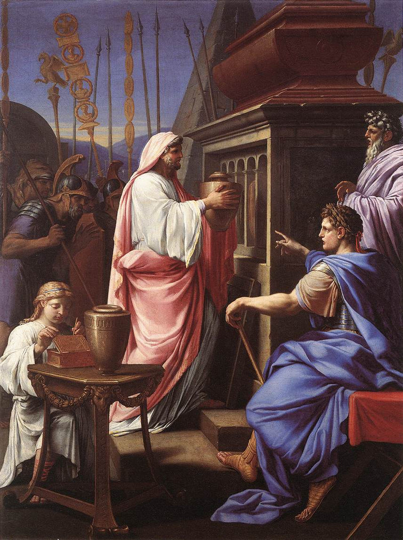Caligula, der die Asche seiner Mutter und seines Bruders in das Grab seiner Vorfahren legt - Eustache Le Sueur
