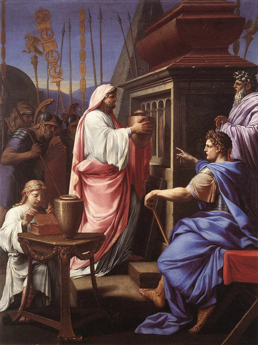 Caligula, der die Asche seiner Mutter und seines Bruders in das Grab seiner Vorfahren legt - Eustache Le Sueur
