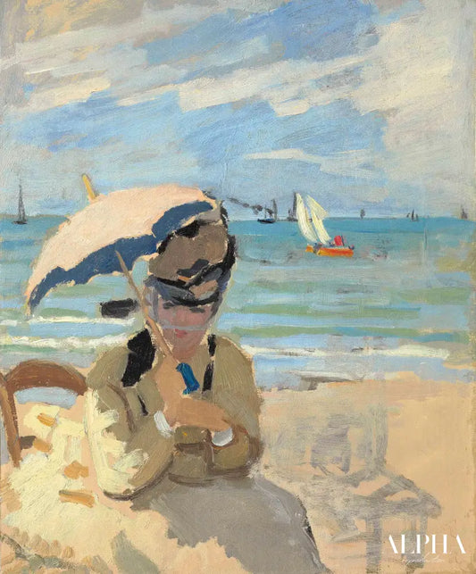 Camille assise sur la plage à Trouville - Claude Monet - Reproductions de tableaux et peintures haut de gamme