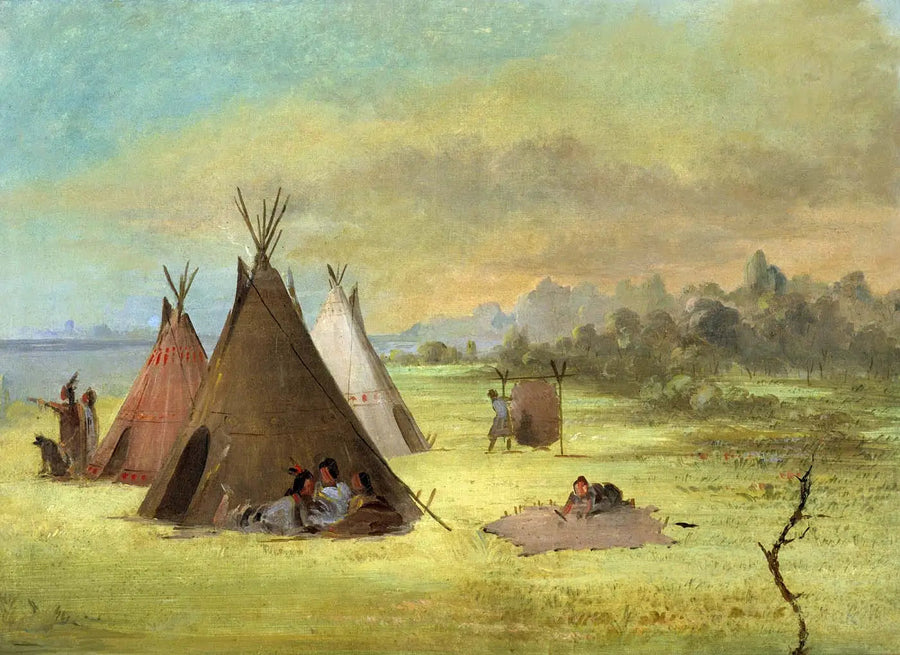 Indianisches Lager, Comanche (oder Kiowa) bereitet Häute vor, Roter Fluss - George Catlin
