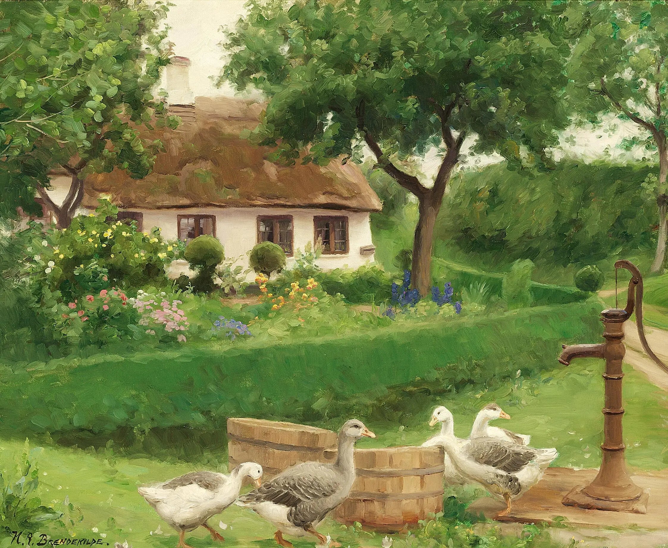 Canards à une pompe à eau derrière une ferme au toit de chaume. - H. A. Brendekilde - Alpha Reproduction