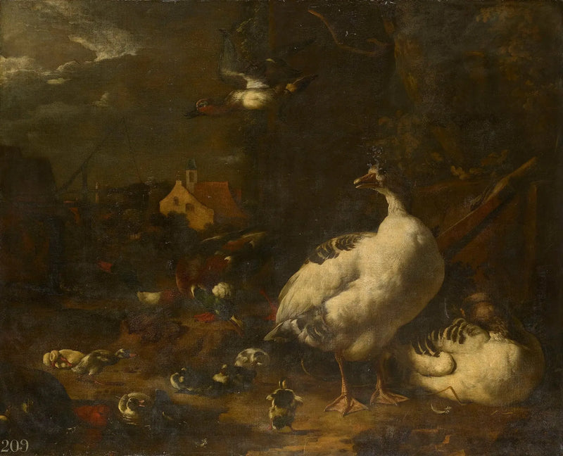 Enten und Gänse in einem Bauernhofhof - Melchior de Hondecoeter