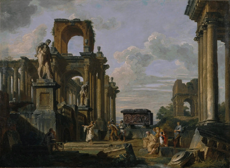 Architektonisches Capriccio des Römischen Forums mit Philosophen und Soldaten unter antiken Ruinen, darunter der Janus-Quadrifrons-Bogen, der Sarkophag von Santa Constanza, der Farnese-Herkules und Cincinnatus - Giovanni Paolo Panini