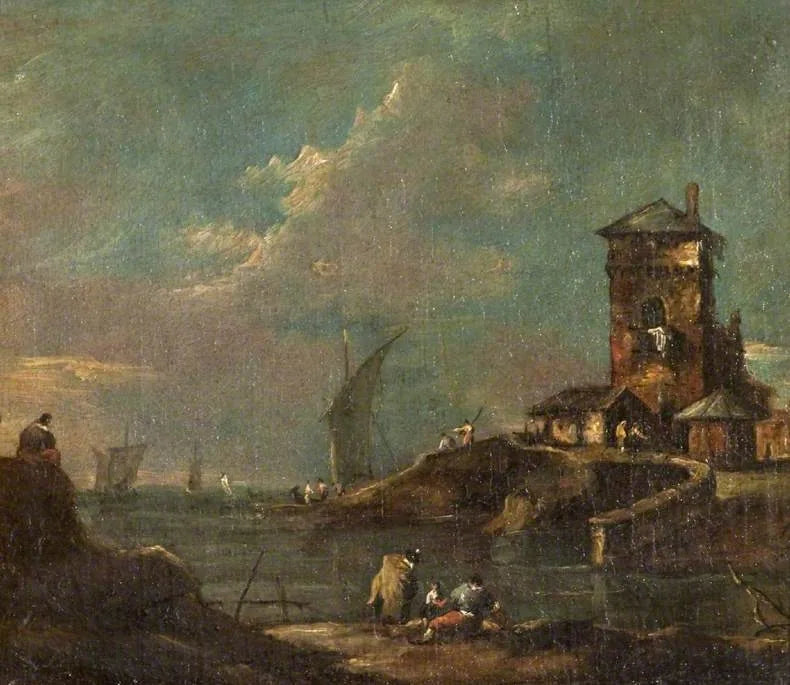 Capriccio mit rustikaler Turm, Häusern und Booten - Francesco Guardi