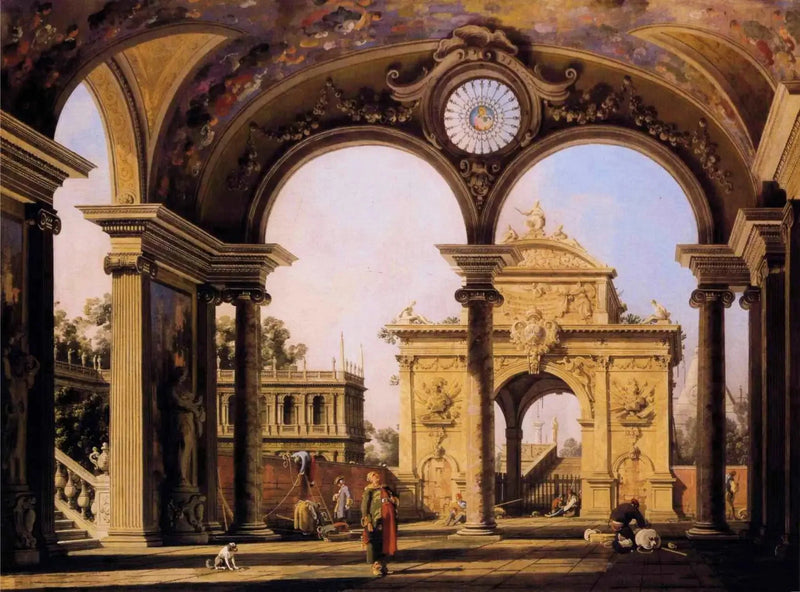 Capriccio mit einem Renaissance-Triumpfbogen, gesehen vom Portikus eines Palastes - Canaletto