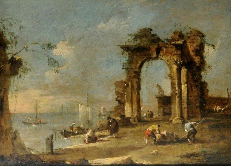 Capriccio mit einer Ruinenbogen am Ufer einer Lagune - Francesco Guardi