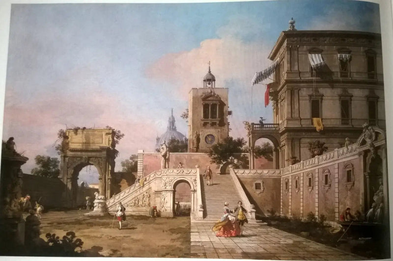 Capriccio eines Palastes der Renaissance mit einer monumentalen Treppe, einem Uhrturm und dem Titusbogen darüber - Canaletto
