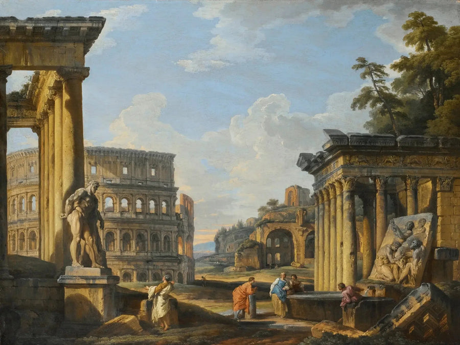 Klassisches Ruinen-Capriccio mit dem Tempel von Antonius und Faustina, dem Kolosseum, der Basilika des Maxentius - Giovanni Paolo Panini