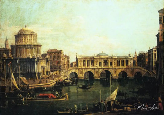 Capriccio du Grand Canal avec un pont imaginaire du Rialto et d'autres bâtiments - Giovanni Antonio Canal - Reproductions de tableaux et peintures haut de gamme