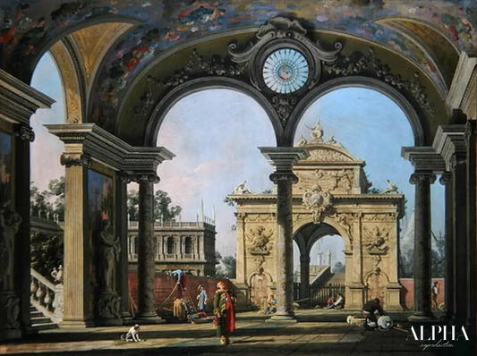 Capriccio d'un arc de triomphe vu à travers une voûte ornée, vers 1750 - Giovanni Antonio Canal - Reproductions de tableaux et peintures haut de gamme