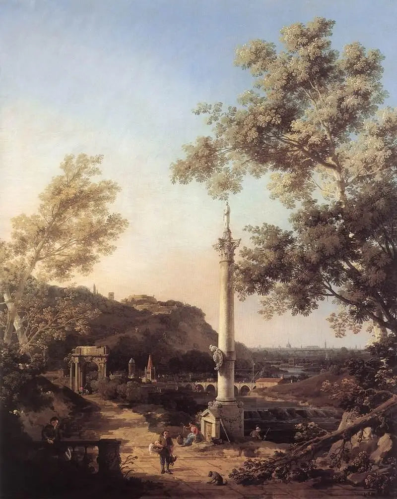 Capriccio : Flusslandschaft mit einer Säule - Canaletto