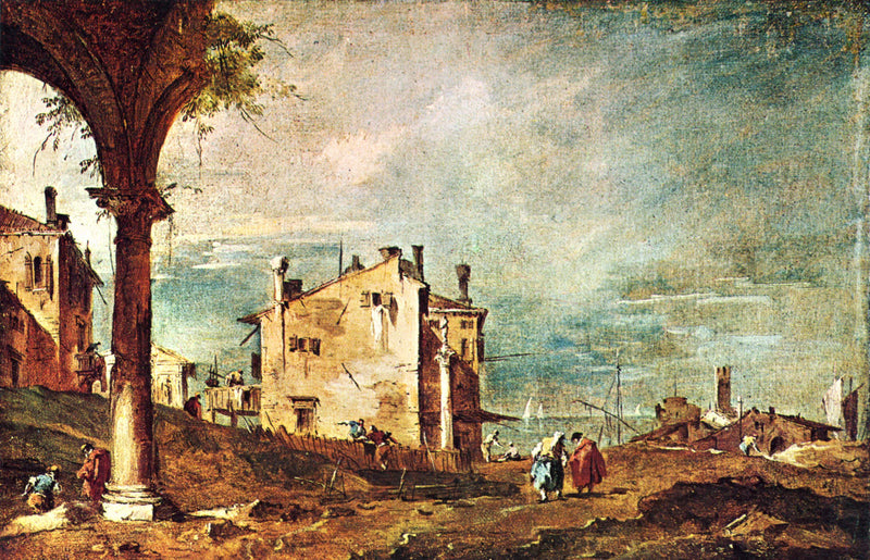 Capriccio : Ruinen eines Bogens und Bauernhöfe am Rande einer Lagune - Francesco Guardi