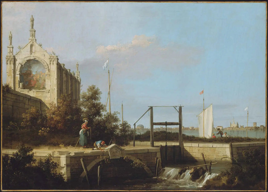 Capriccio : Eine Schleuse an einem Fluss mit einer Kapelle - Canaletto