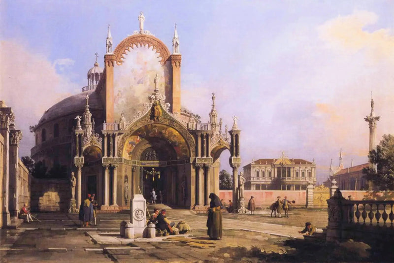 Capriccio: eine runde Kirche mit einem kunstvollen gotischen Portikus auf einem Platz, einem palladianischen Platz und einer gotischen Kirche im Hintergrund - Canaletto