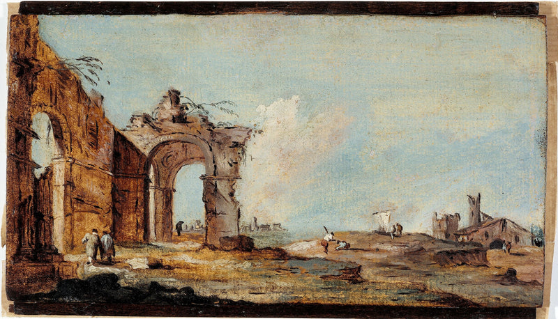 Caprice, mit Ruinenbogen und Fischerhäusern - Francesco Guardi