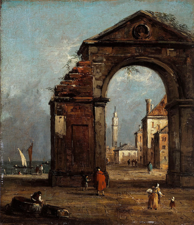 Caprice, mit triumphalem Bogen in Ruinen und Landschaft am Lagunenrand - Francesco Guardi