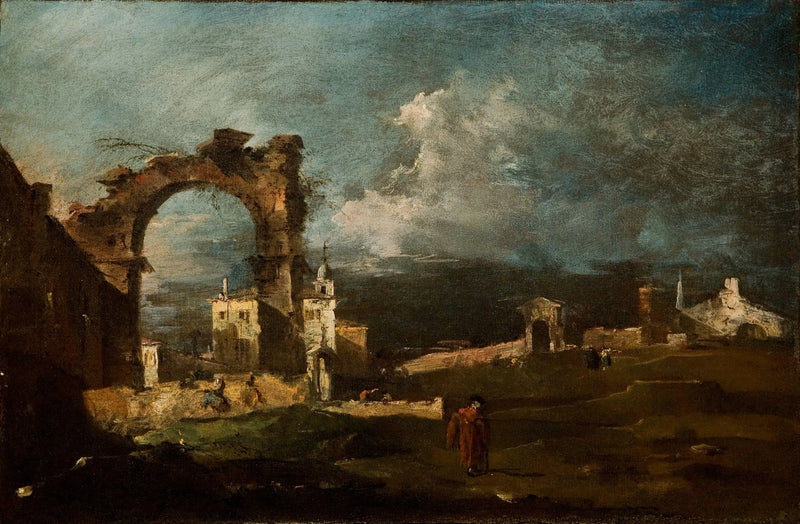 Caprice mit Ruinen eines Bogens und einer Villa im Hintergrund - Francesco Guardi