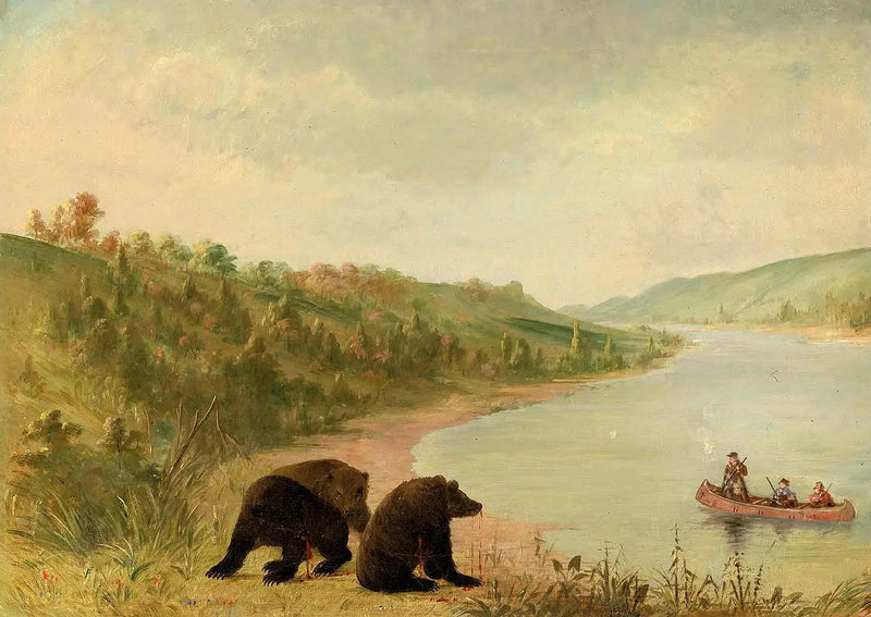 Catlin und seine Männer in ihrem Kanu, dringend aufgefordert, an Land zu gehen, Ober-Missouri - George Catlin