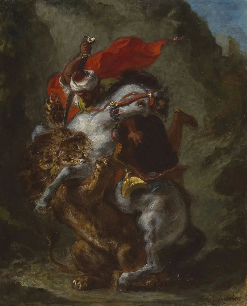 Arabischer Reiter von einem Löwen angegriffen - Eugène Delacroix