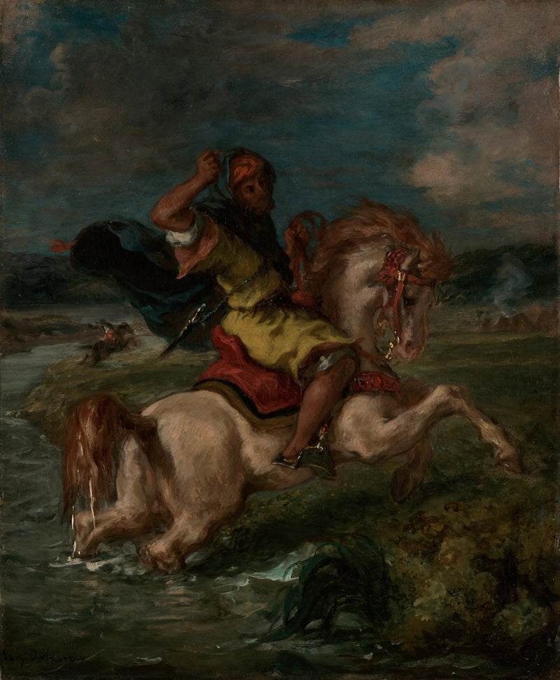 Marokkanischer Reiter, der einen Wasserlauf überquert - Eugène Delacroix