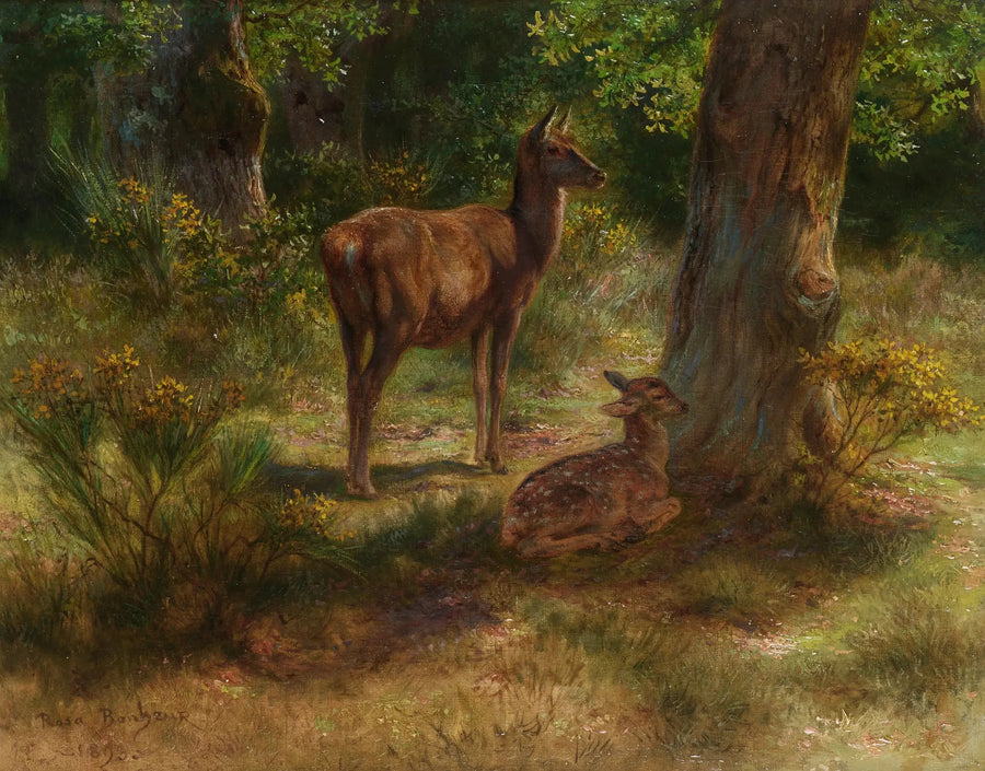 Hirsch und Rehkitz in einem Wald - Rosa Bonheur