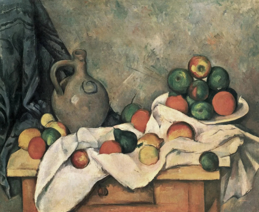 Vorhang, Krug und Obstschale - Paul Cézanne