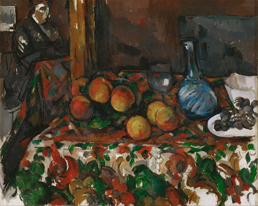 Pfirsiche, Karaffe und Figur - Paul Cézanne