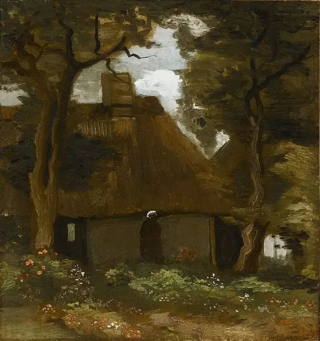 Chalet avec arbres et paysanne - Vincent van Gogh image 1 copie peinte à la main à l’huile