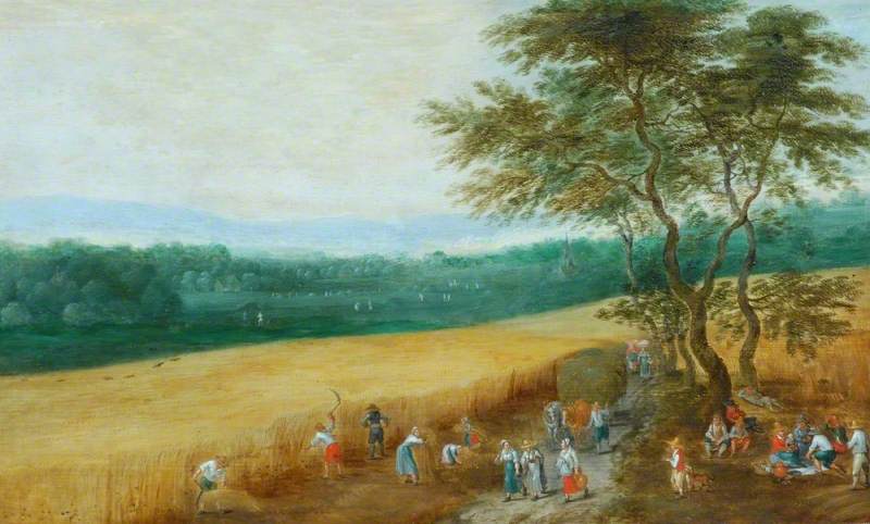 Champ de maïs avec des faucheurs - Jan Brueghel l'Ancien image 1 reproduction de peinture à l’huile