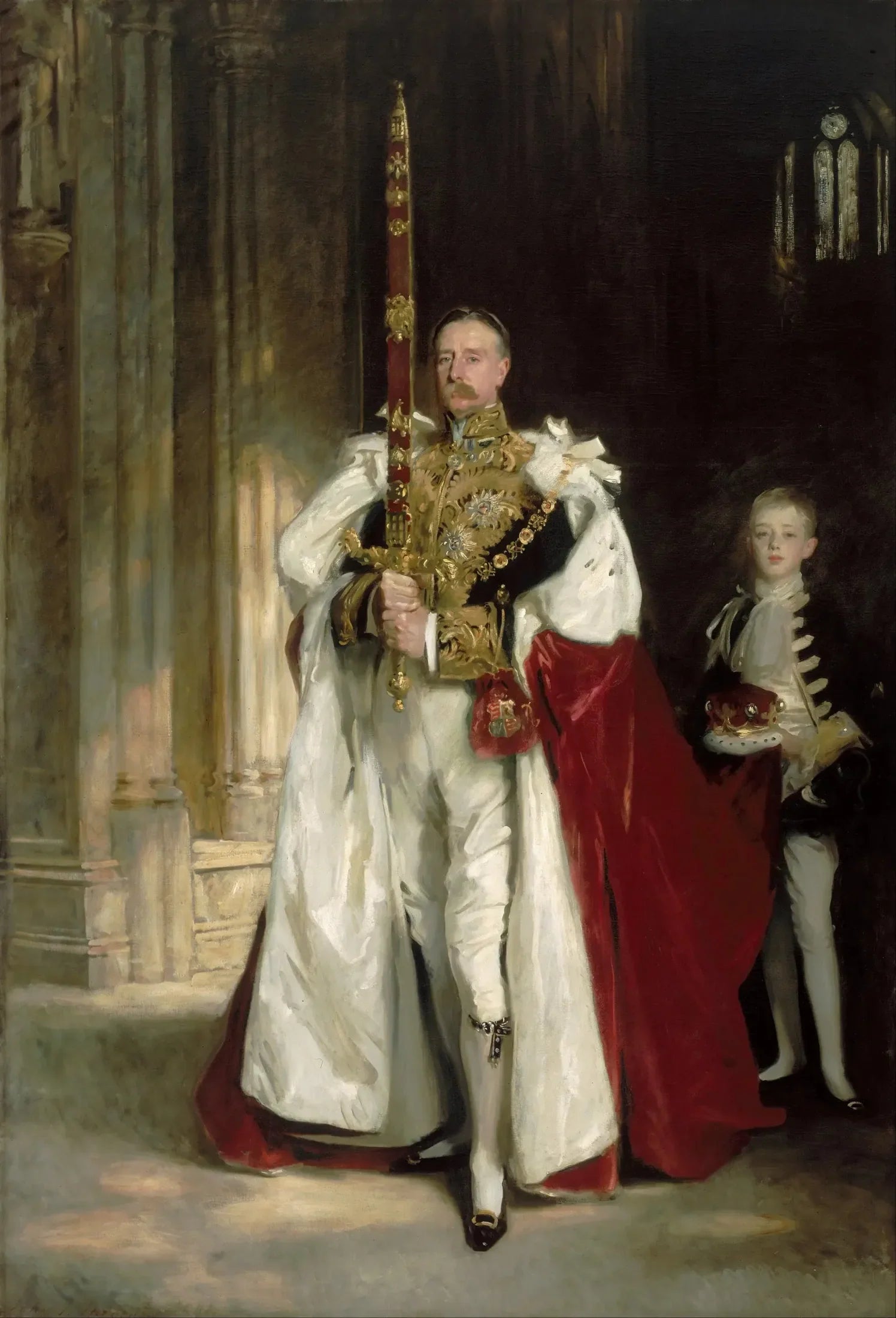Charles Stewart, sixième marquis de Londonderry, portant la grande épée d'État lors du couronnement du roi Édouard VII, en août 1902, et M. W. C. Beaumont, son page à cette occasion - John Singer Sargent image 1 reproduction de peinture à l’huile