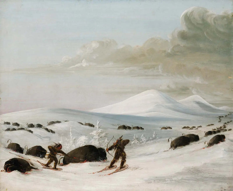 Büffeljagd in den Schneeverwehungen, Verfolgung durch Indianer auf Schneeschuhen - George Catlin