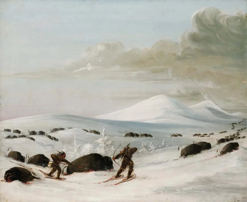 Büffeljagd in den Schneeverwehungen, Verfolgung durch Indianer auf Schneeschuhen - George Catlin