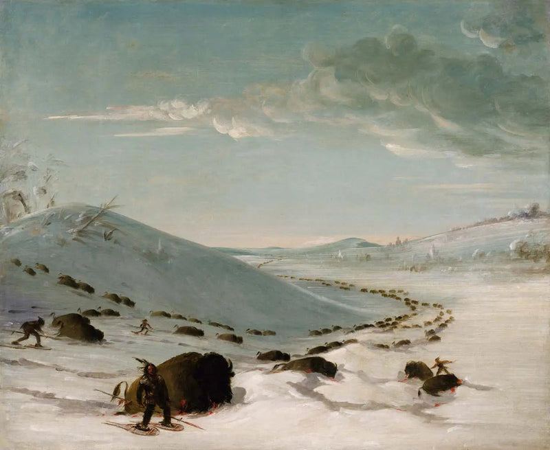 Bisonjagd im Winter, Indianer mit Schneeschuhen - George Catlin