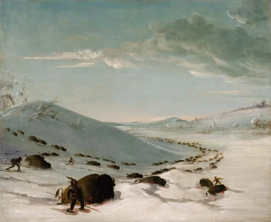 Bisonjagd im Winter, Indianer mit Schneeschuhen - George Catlin
