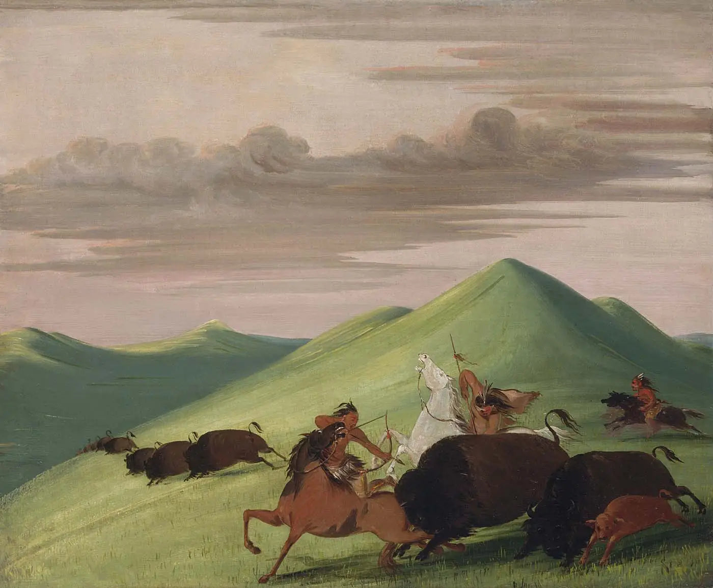 Chasse au bison, taureau protégeant une vache et son veau - George Catlin image 1 reproduction de peinture à l’huile