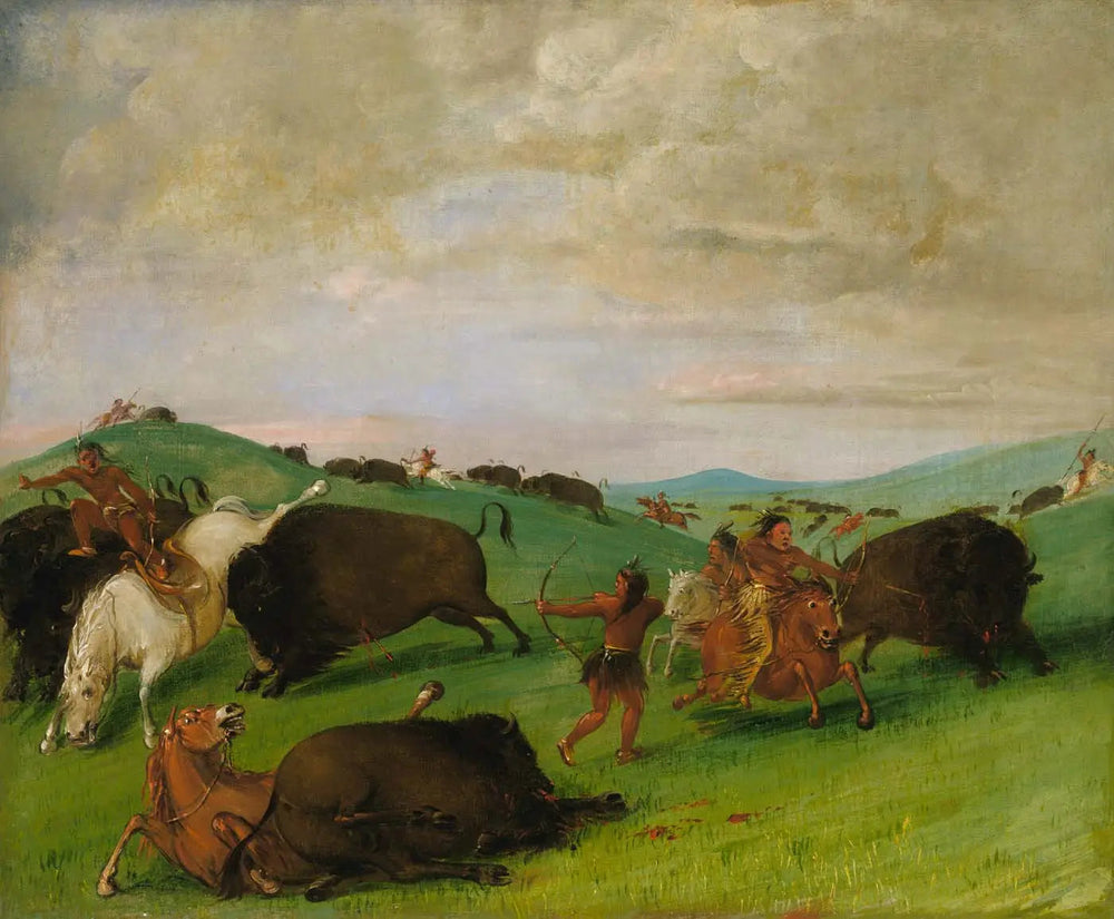 Chasse au bison, taureaux se battant avec hommes et chevaux - George Catlin image 1 copie de tableau peinte à la main