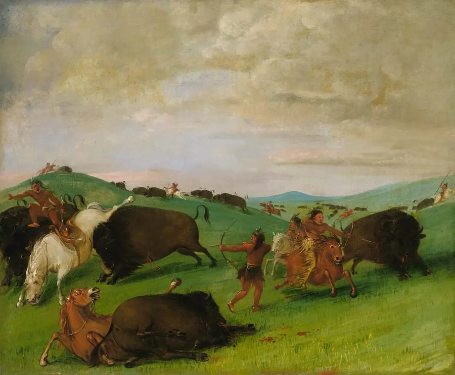 Büffeljagd, kämpfende Stiere mit Menschen und Pferden - George Catlin