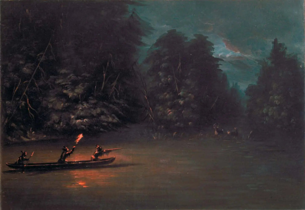 Chasse au cerf aux flambeaux en canoë d'écorce - George Catlin image 1 reproduction d’œuvre d’art à l’huile
