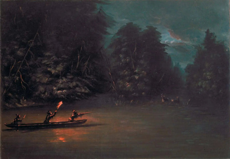 Hirschjagd mit Fackeln im Baumstammboot - George Catlin