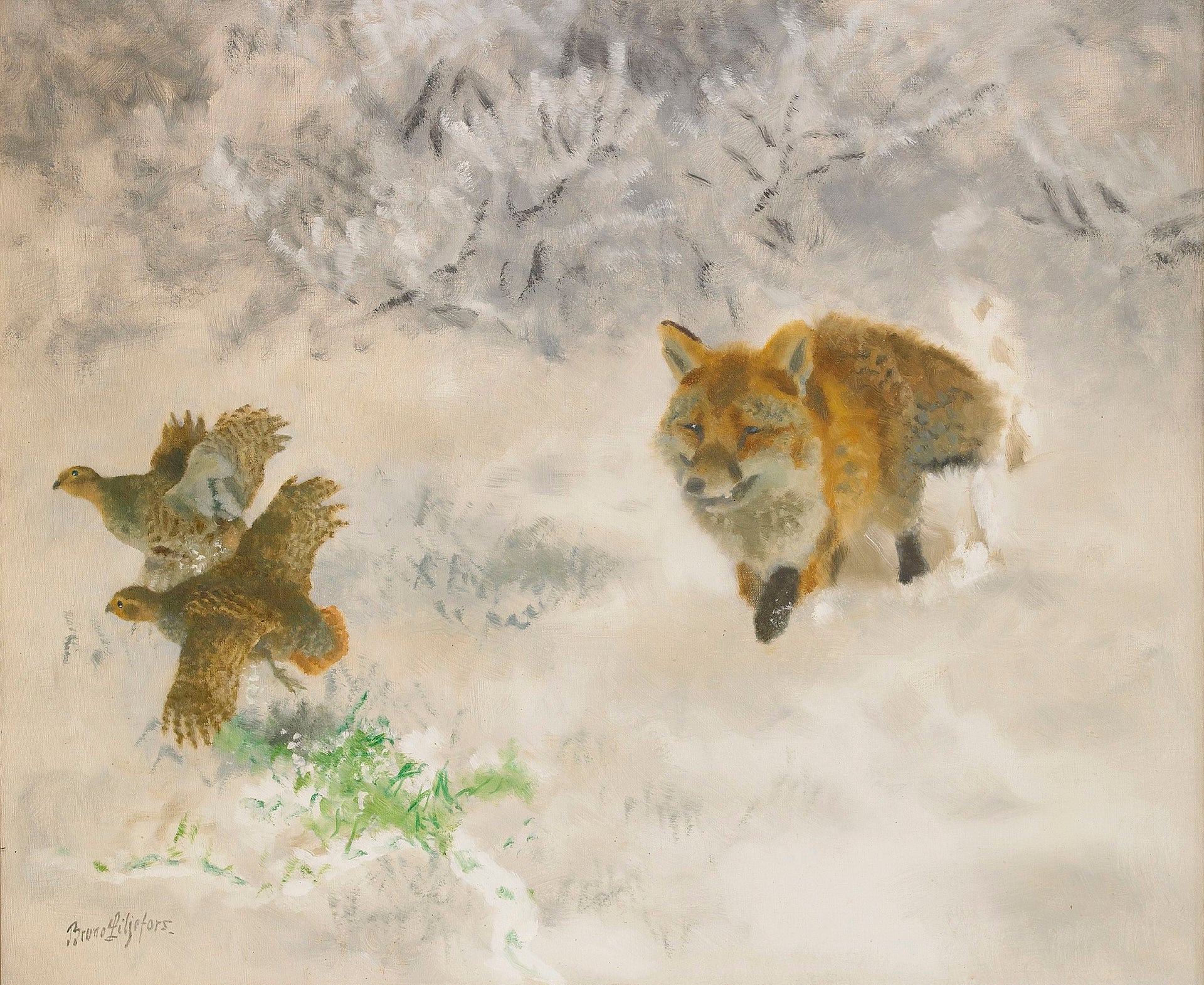 Chasse au renard et aux tétras lyres dans un paysage hivernal - Bruno Liljefors image 1 reproduction de peinture à l’huile