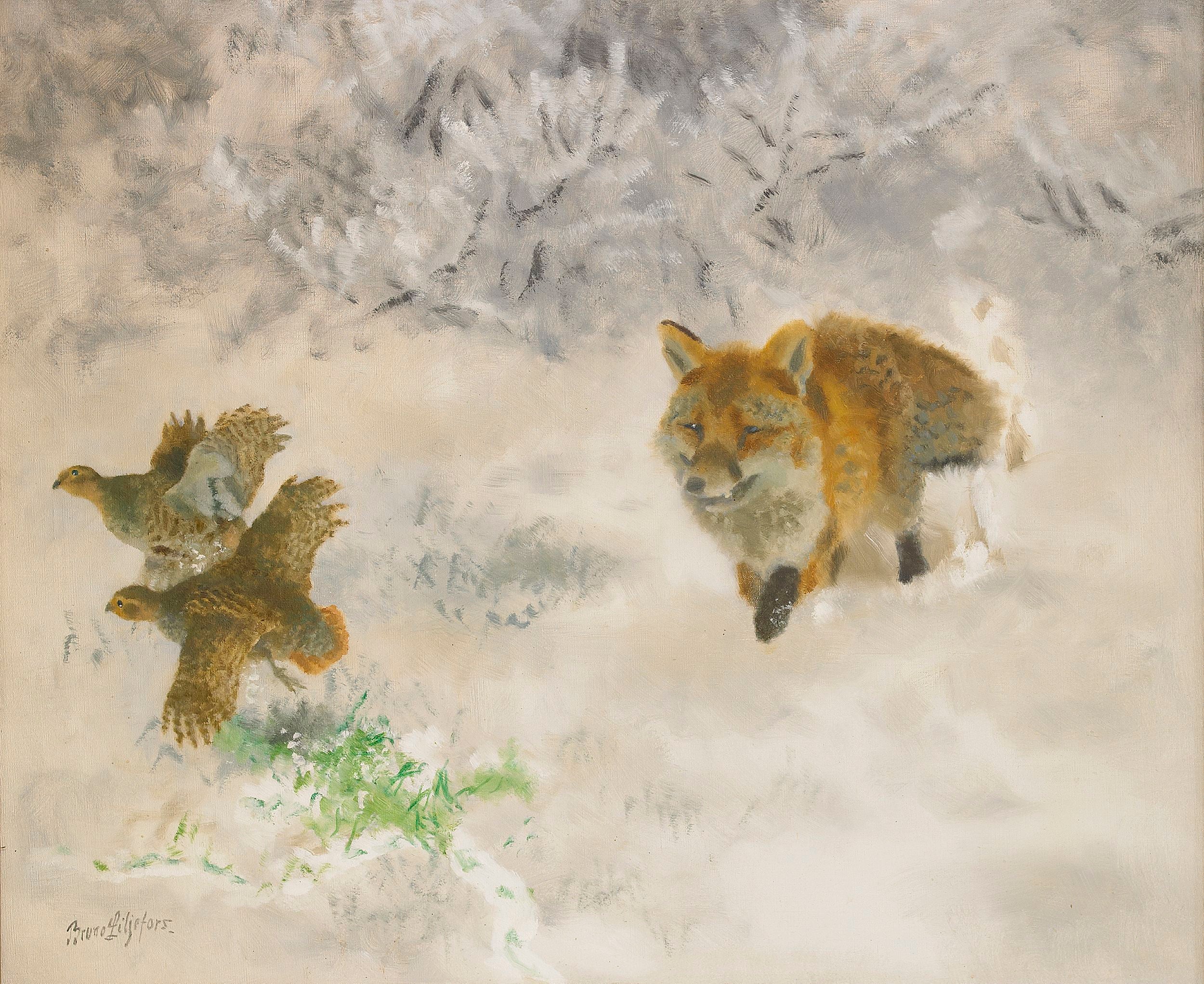 Chasse au renard et aux tétras lyres dans un paysage hivernal - Bruno Liljefors image 1 reproduction de peinture à l’huile
